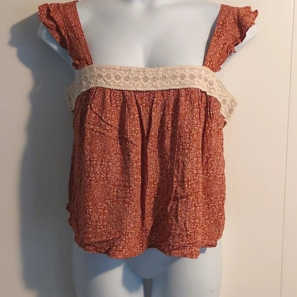 Bohemian floral gauzy sleeveless top Embroidered Trim XL